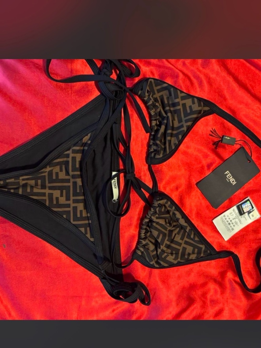 Fendi Black-Trim Brown Monogram Triangle Bikini